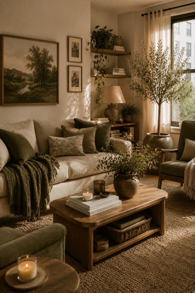 Cozy apartment featuring olive green accents paired with warm neutral decor and natural textures.