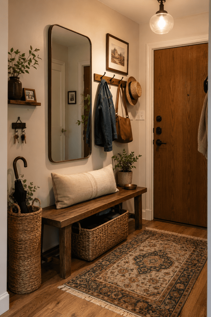 Small apartment entryway with wooden bench, mirror, baskets, and welcoming decor.