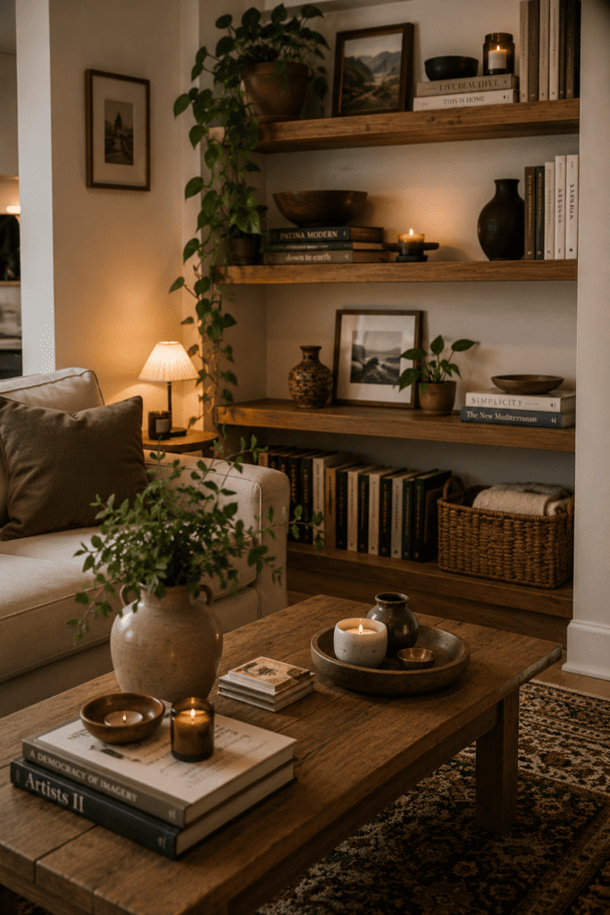 Apartment shelves and tables styled with books, candles, ceramics, and cozy accents.