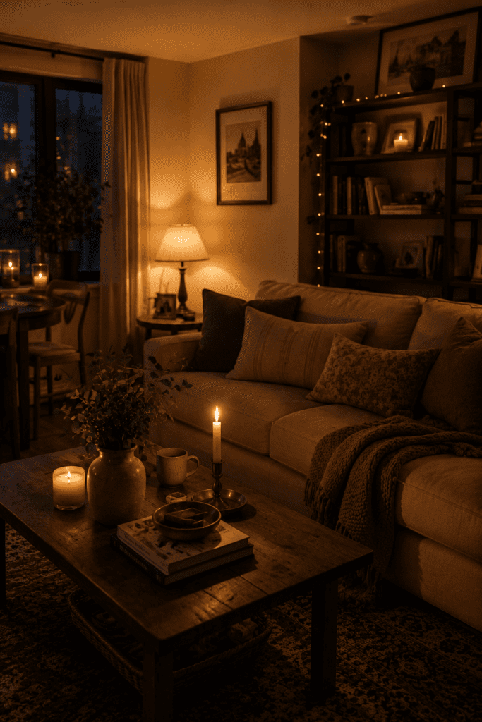 Cozy apartment living room illuminated by warm lamps and candles during the evening.