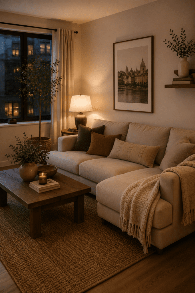 Minimal apartment decor with balanced styling, warm textures, and uncluttered design.