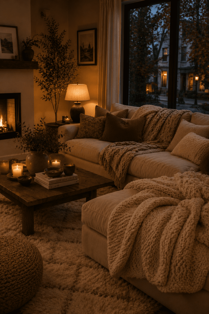 Cozy apartment living room with oversized cushions, knit blankets, and soft layered textures.