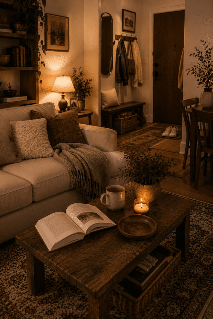 Realistic apartment featuring books, coffee mugs, folded blankets, and warm everyday comfort.