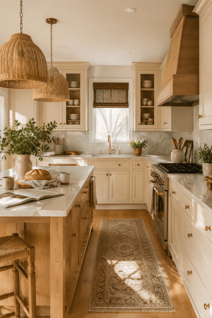 Cozy kitchen with warm wood accents, breakfast setup, and natural morning light.