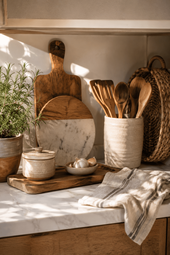 Kitchen countertop styled with wooden cutting boards, ceramic accessories, and greenery.