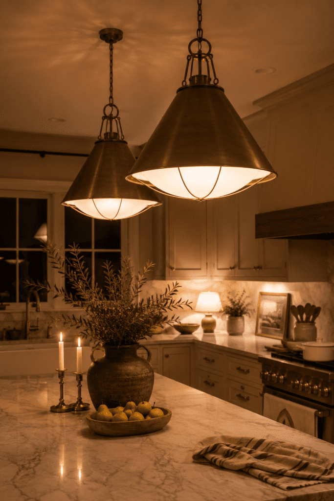 Kitchen pendant lighting creating a warm and welcoming atmosphere.