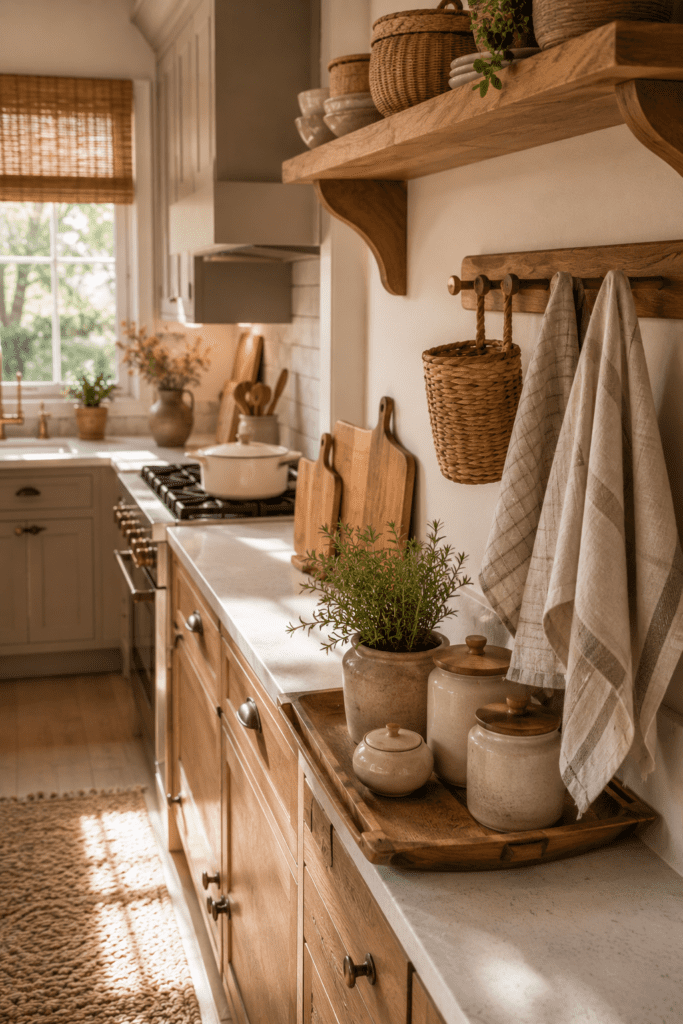Kitchen featuring woven baskets, linen towels, and natural wood textures.