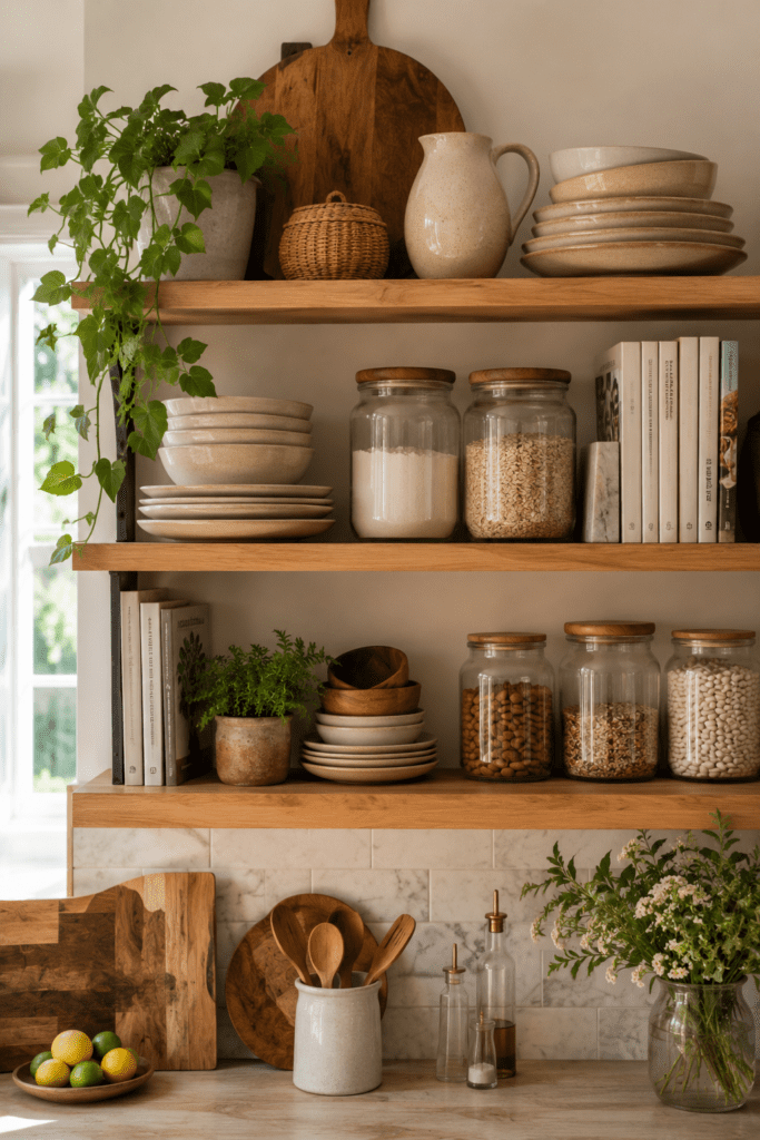 Open kitchen shelves styled with dishes, cookbooks, and decorative accessories.