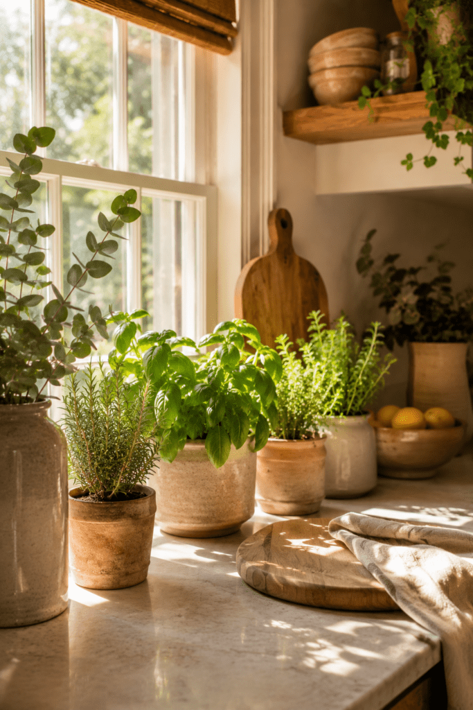 Kitchen window with potted herbs, greenery, and bright natural sunlight.