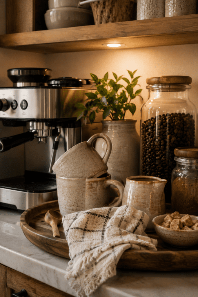 Kitchen coffee station with mugs, coffee machine, and decorative accessories.