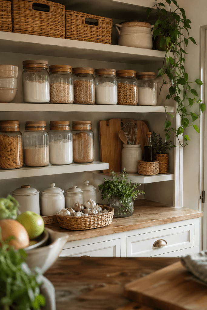 Decorative kitchen storage with glass jars, baskets, and ceramic containers.