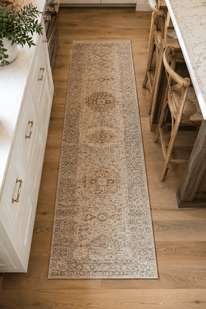 Kitchen runner rug adding warmth and texture to a cozy kitchen.