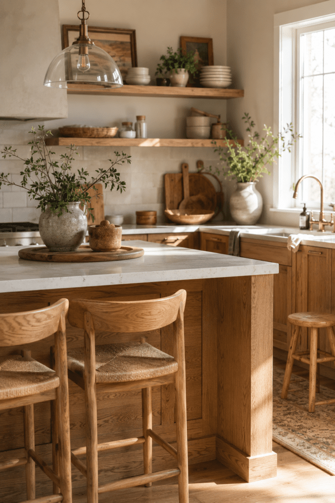 Kitchen featuring oak wood accents, stools, and natural decorative elements.