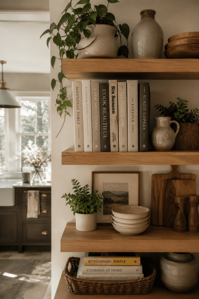Kitchen decor styled with cookbooks, flowers, and cozy countertop accessories.