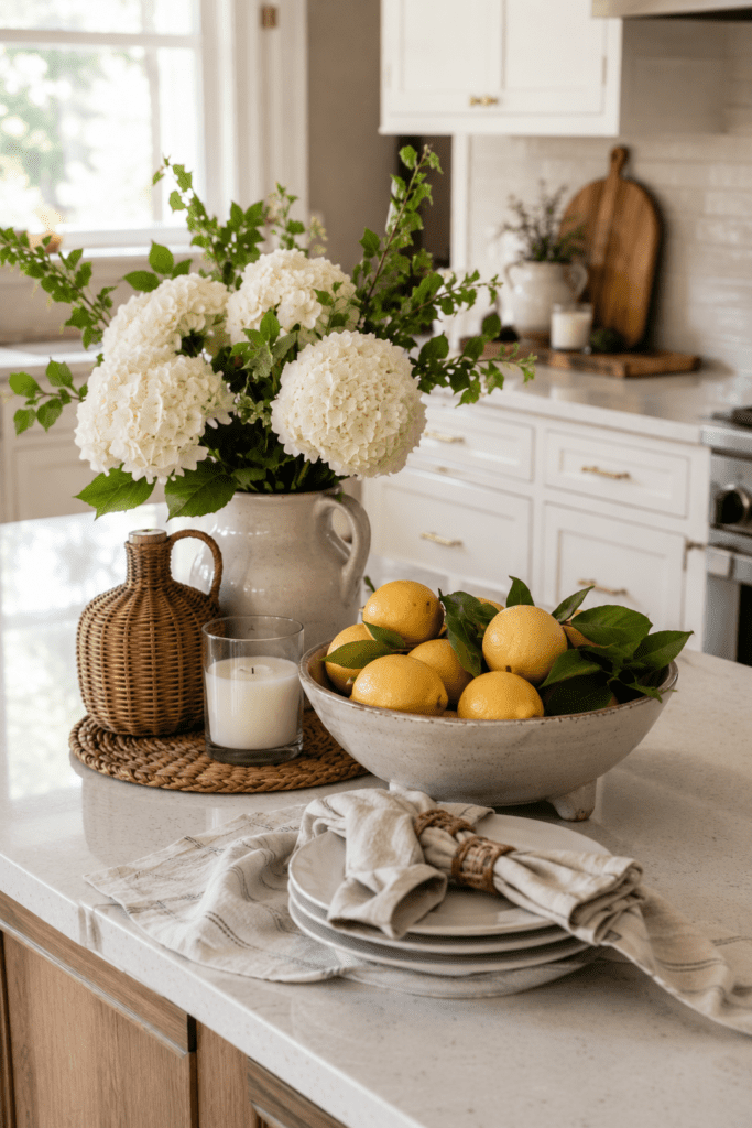 Kitchen island decorated with fresh flowers, lemons, and seasonal accents.