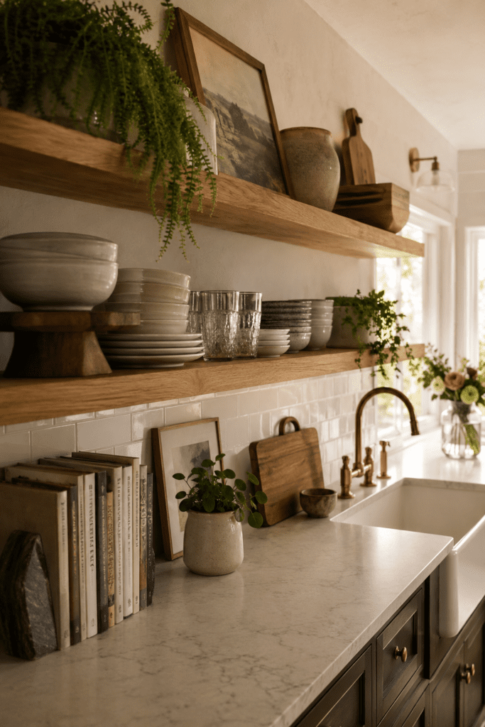 Balanced open kitchen shelving with dishes, greenery, and decorative accents.