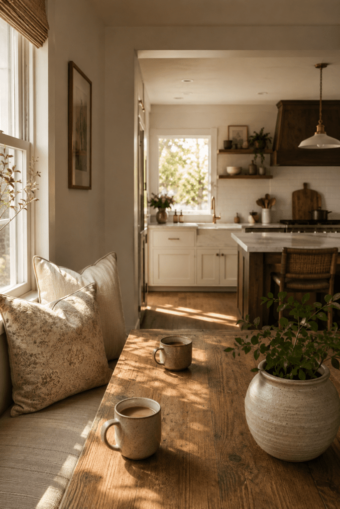 Cozy breakfast nook connected to a warm and inviting kitchen.