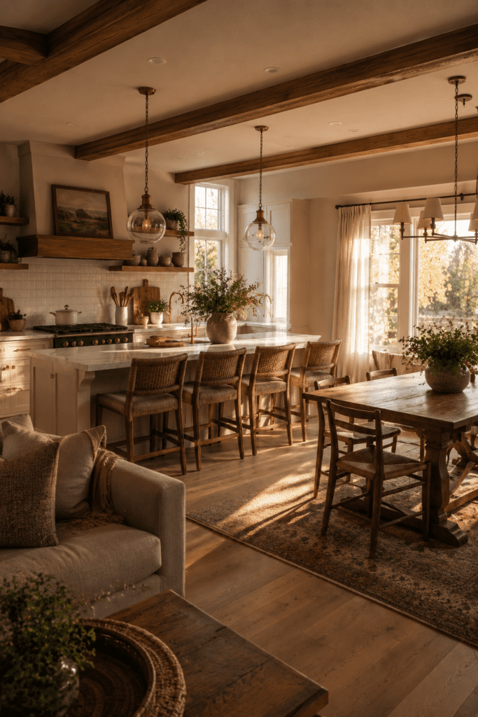 Welcoming kitchen with island seating, dining area, and warm natural light.