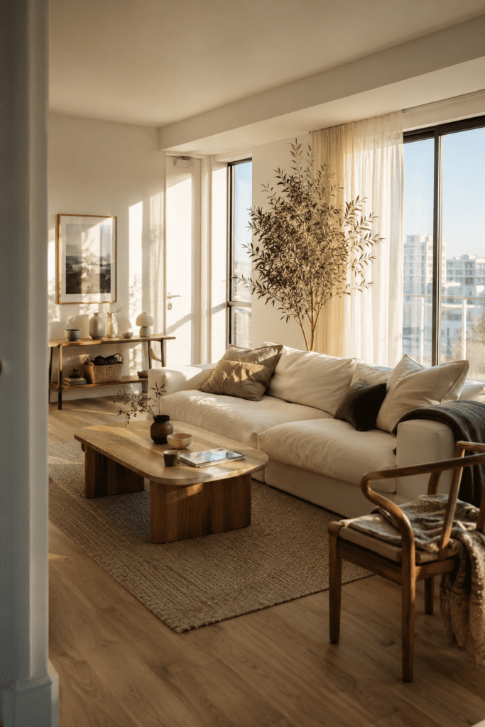 Cozy apartment living room with neutral decor, oak furniture, and warm sunlight.