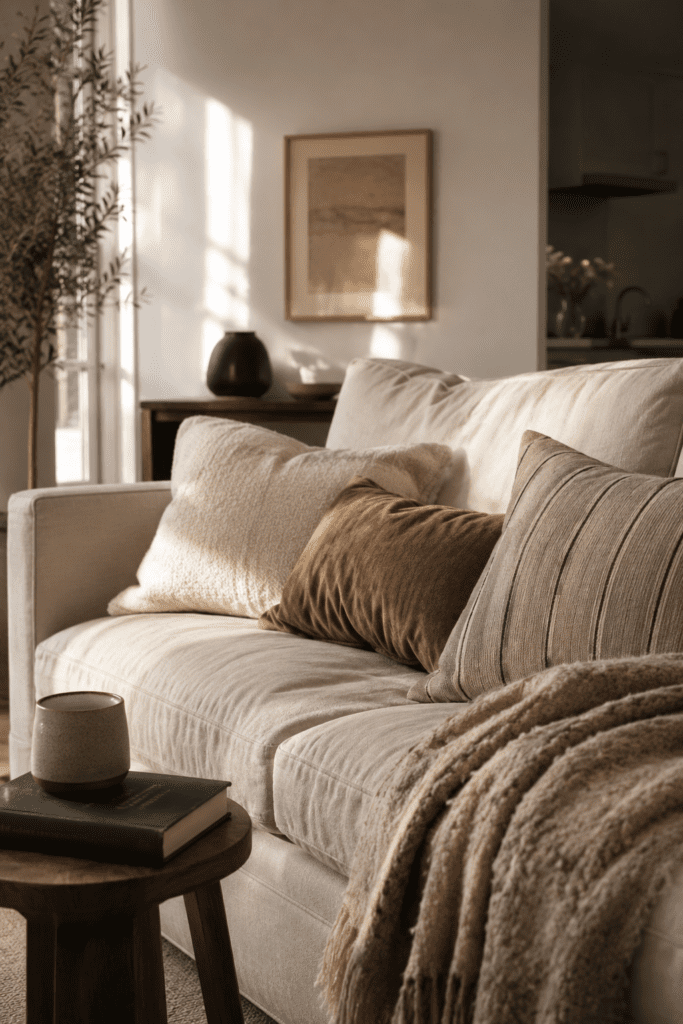 Comfortable cream sofa styled with pillows and throw blanket in a cozy apartment.