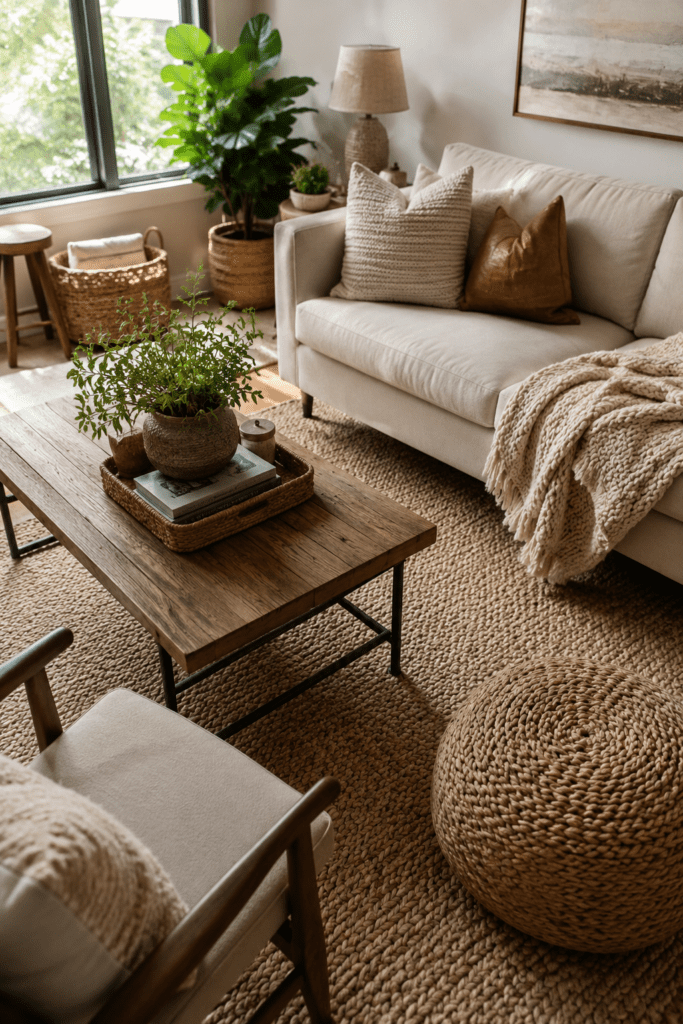 Layered apartment decor featuring woven textures, pillows, rugs, and cozy accents.