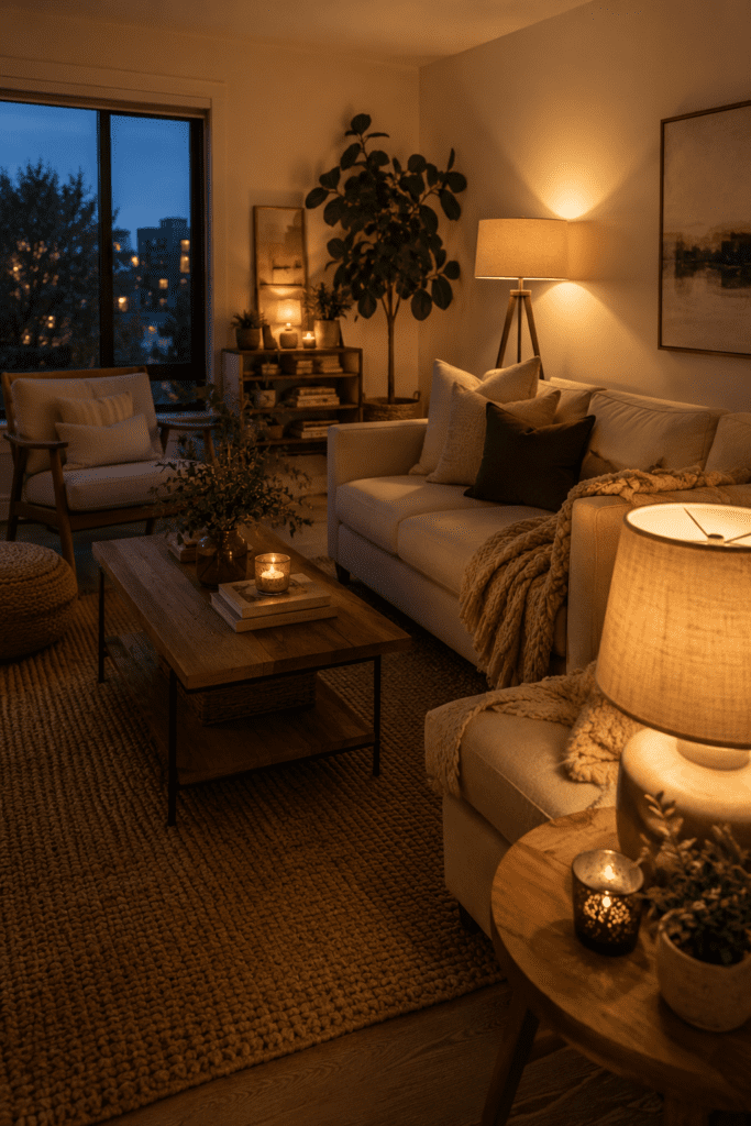 Apartment living room illuminated by floor lamps and warm ambient lighting.
