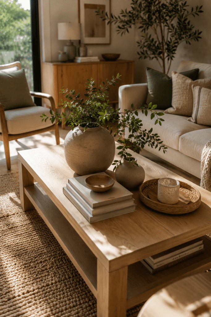 Natural wood furniture and oak coffee table in a warm apartment interior.