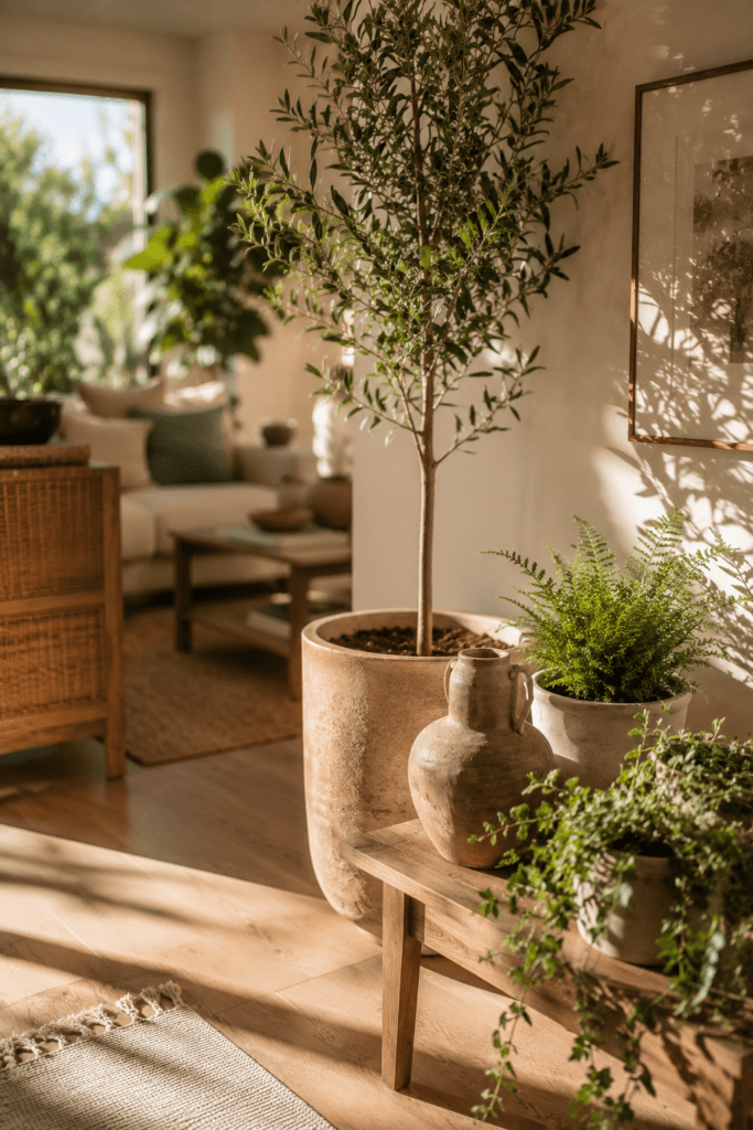 Apartment corner decorated with olive tree, indoor plants, and natural sunlight.