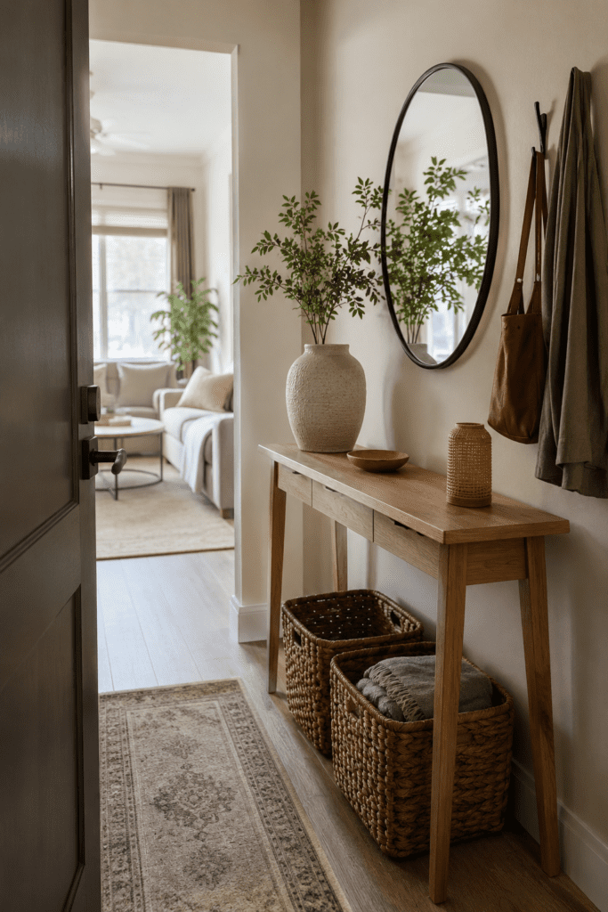 Apartment entryway with console table, mirror, woven baskets, and natural decor.