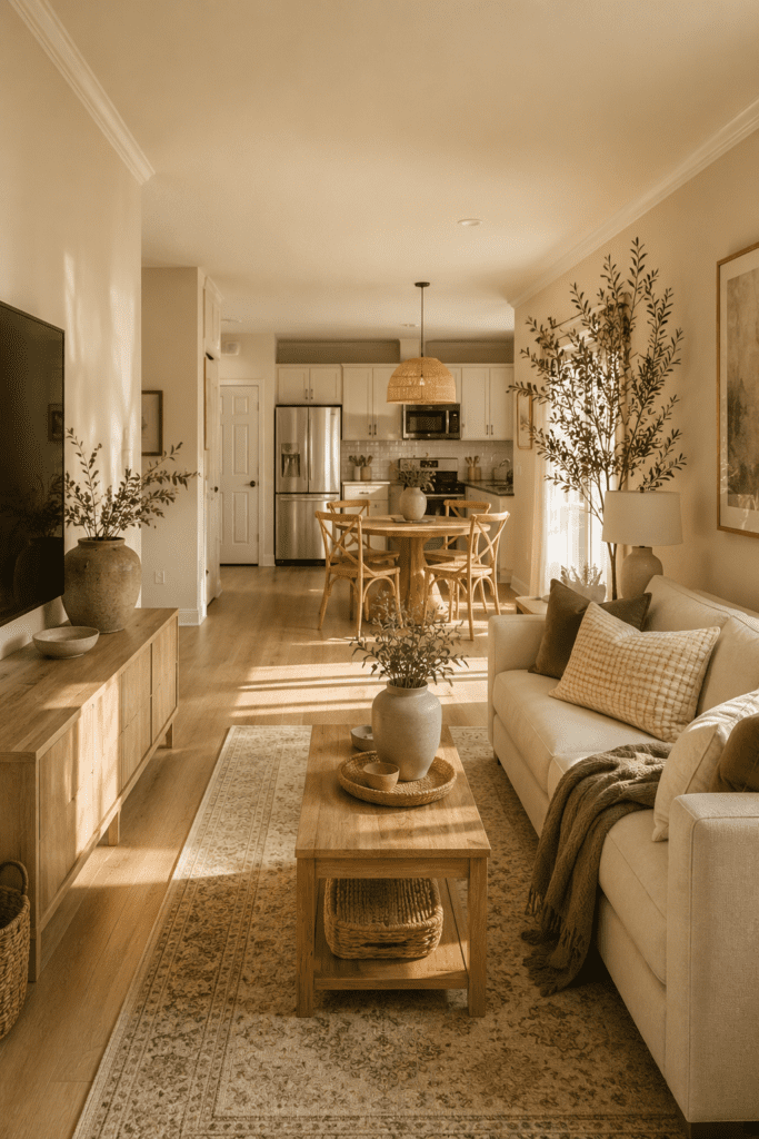 Apartment interior styled with warm neutral colors and cohesive decor.