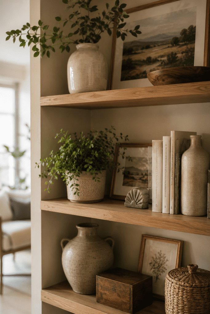 Open apartment shelving decorated with books, plants, and ceramic accessories.