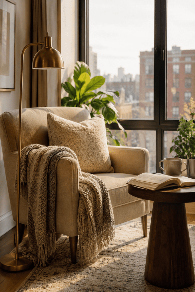 Cozy apartment reading corner with chair, floor lamp, and natural sunlight.