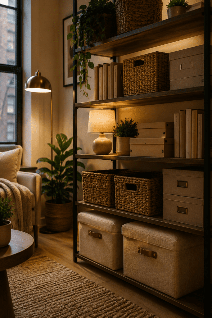 Decorative storage baskets and ottomans styled in a cozy apartment.