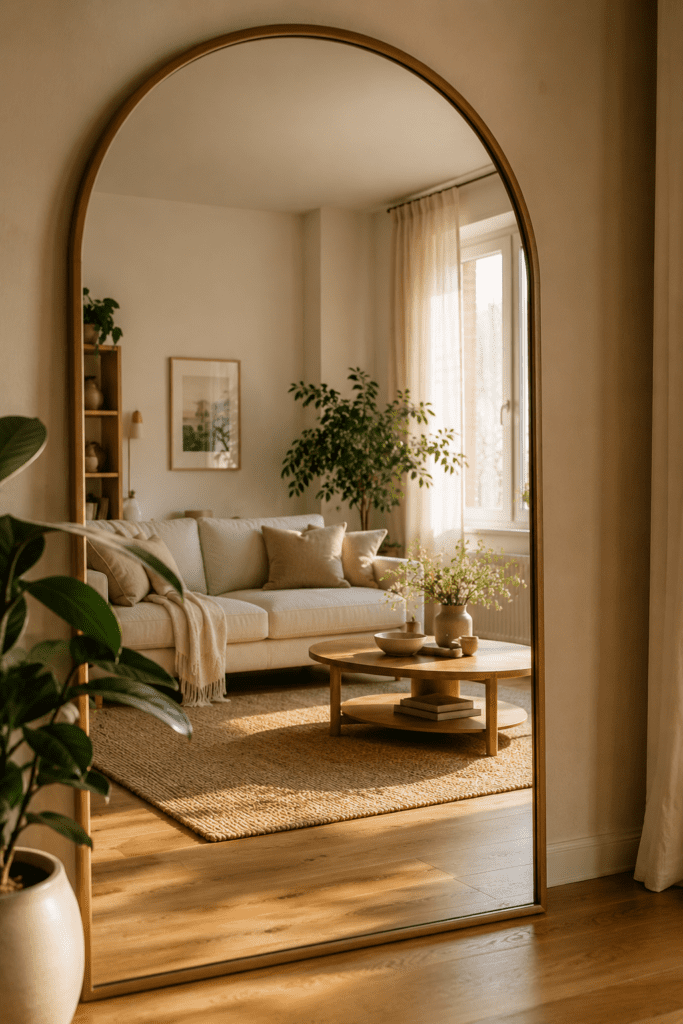 Large arched mirror reflecting a bright apartment living room with neutral decor.