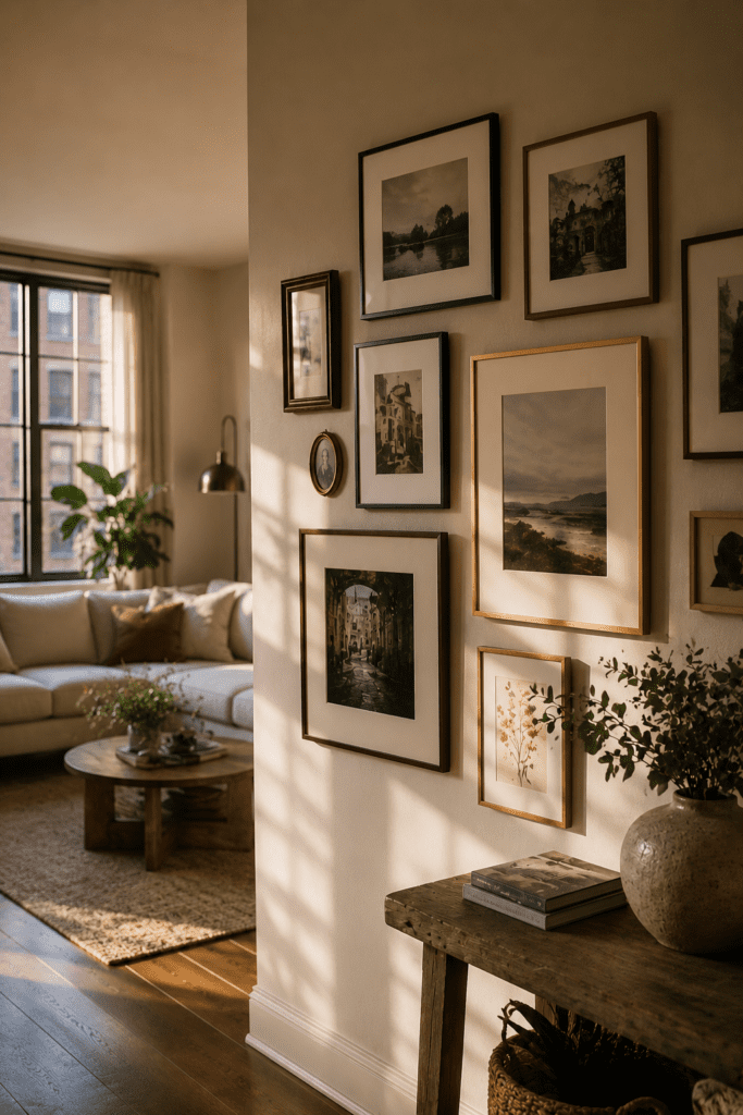 Apartment gallery wall featuring framed artwork and personalized decor.