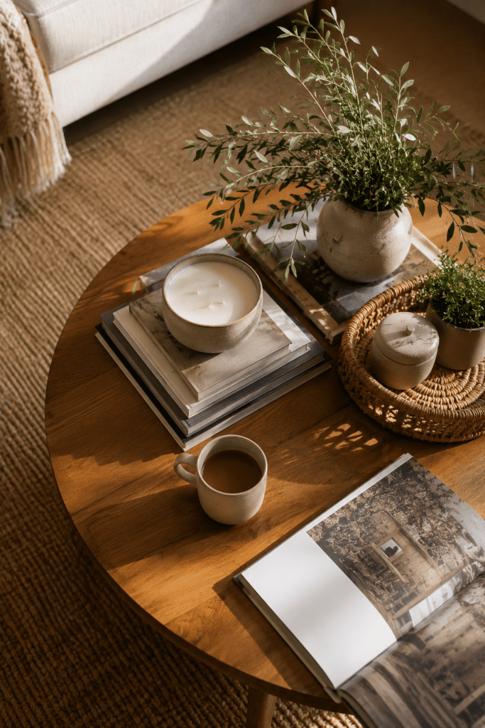 Styled apartment coffee table with books, candle, tray, and decorative accents.