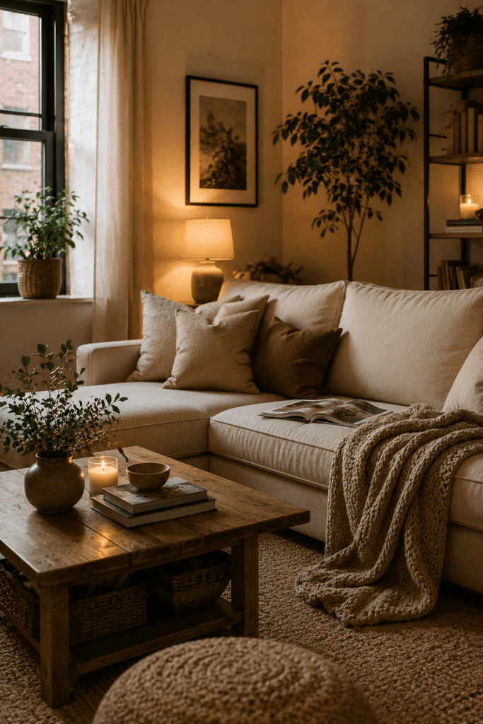 Comfortable apartment living room with cozy seating and warm decor.