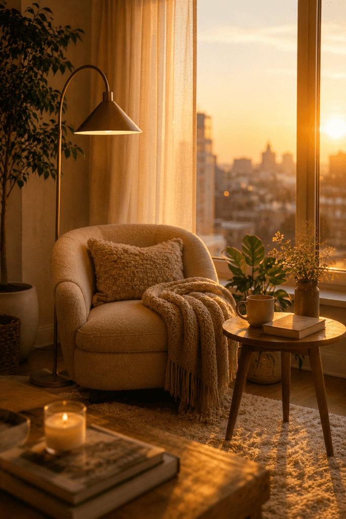 Relaxing apartment corner with accent chair, plants, and golden-hour sunlight.