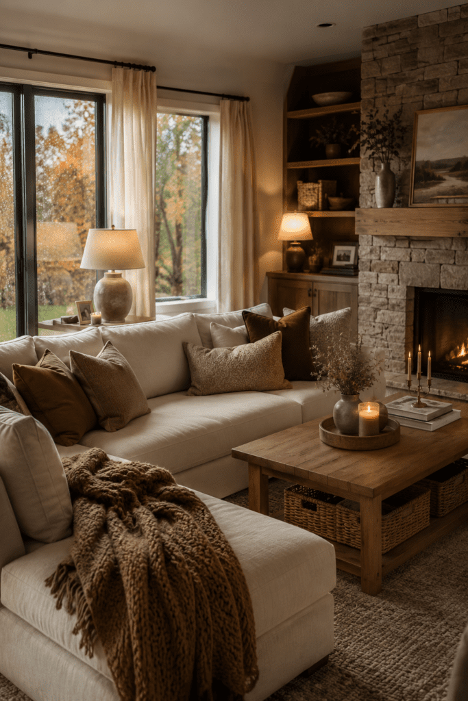Warm organic living room with cream sectional sofa, stone fireplace, oak coffee table, built-in shelves, and cozy rainy afternoon lighting.