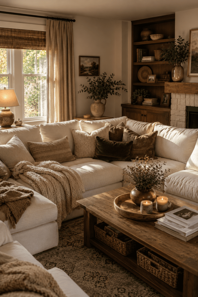 Comfortable cream sectional sofa with layered pillows, knit throw blanket, and warm natural light in a cozy living room.