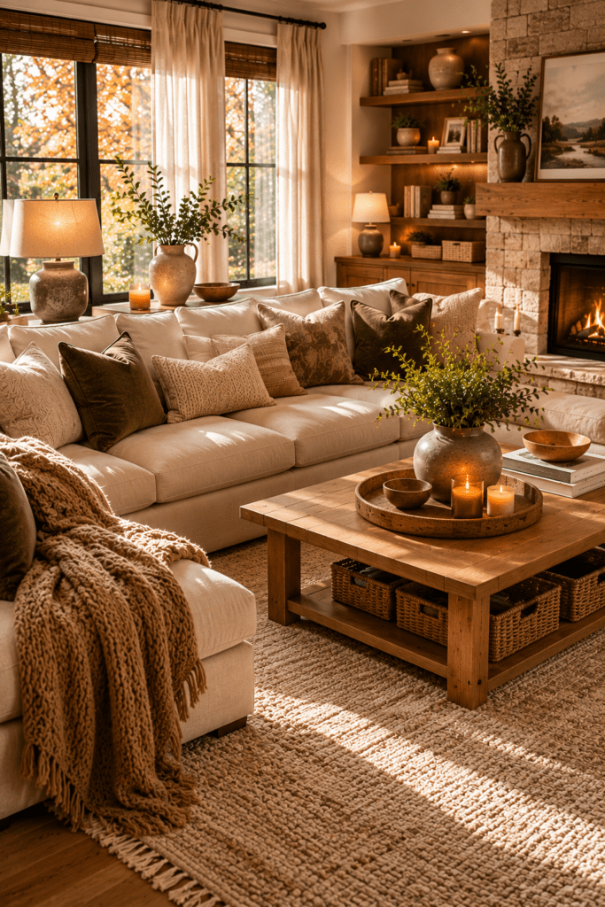 Spacious living room with a large textured area rug anchoring neutral furniture and warm natural lighting.