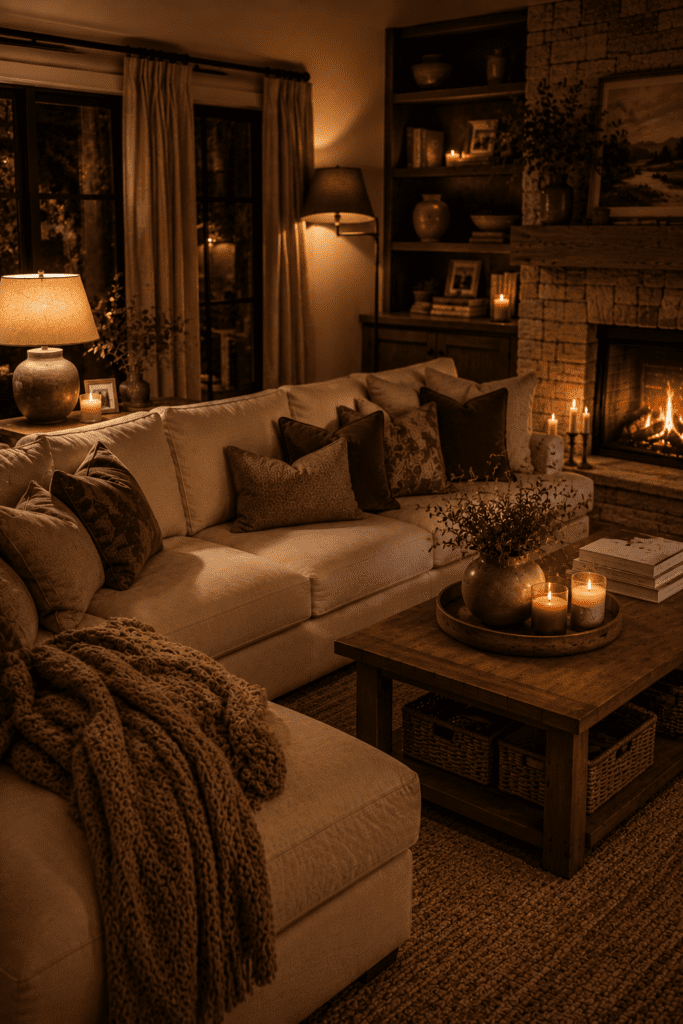 Cozy living room illuminated by table lamps, floor lamps, and candlelight during a rainy evening.