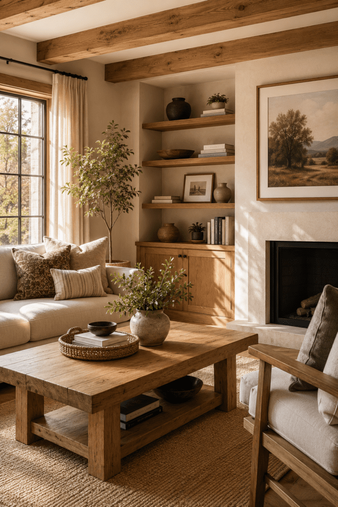 Living room featuring natural oak wood furniture, exposed wood accents, and warm earthy decor.