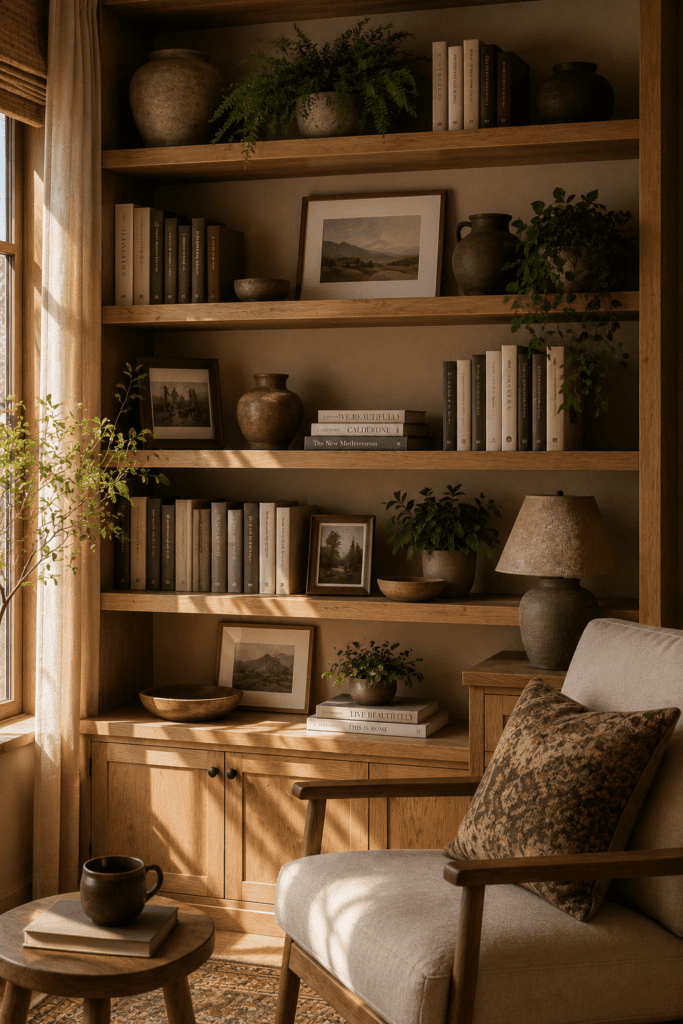 Built-in living room bookshelves styled with books, pottery, framed artwork, and indoor plants.