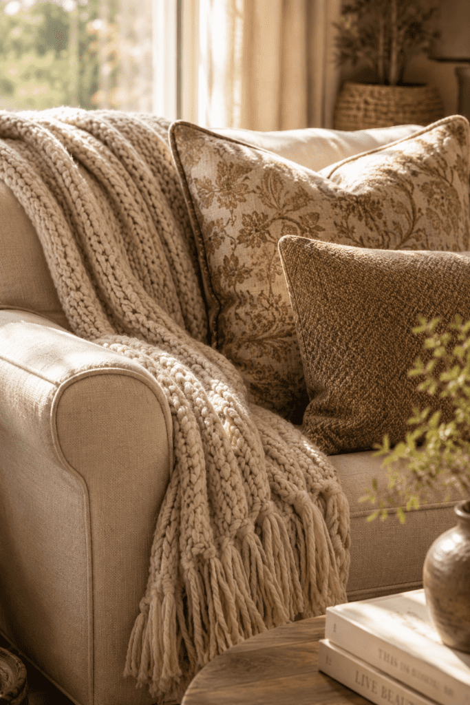 Chunky knit throw blanket draped over a cream sofa with textured pillows and soft morning sunlight.