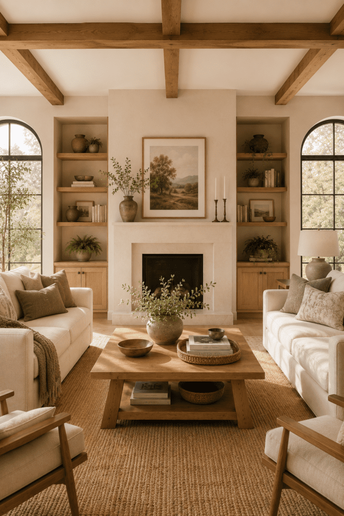 Neutral living room with cream sofa, beige rug, oak furniture, and calming earth-tone accents.