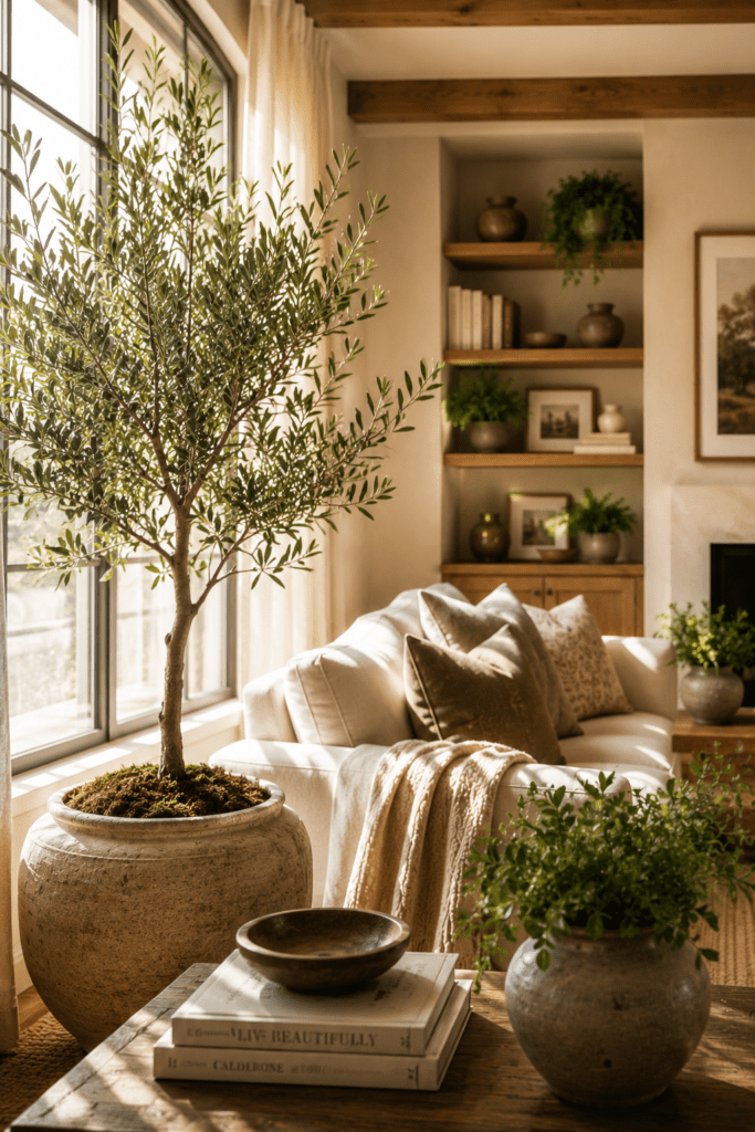 Living room with large olive tree, natural sunlight, ceramic planters, and fresh organic decor.