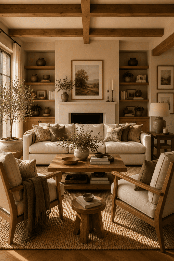 Conversation-focused living room layout with sofa, armchairs, coffee table, and welcoming family-home atmosphere.