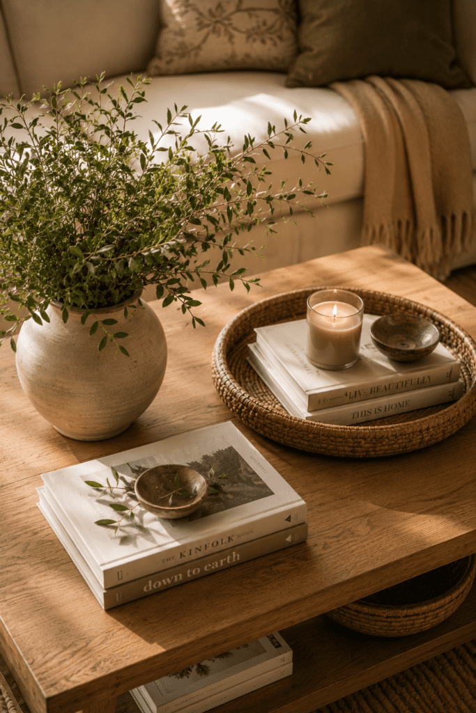 Styled oak coffee table featuring books, candles, ceramic vase, and decorative tray in a cozy living room.