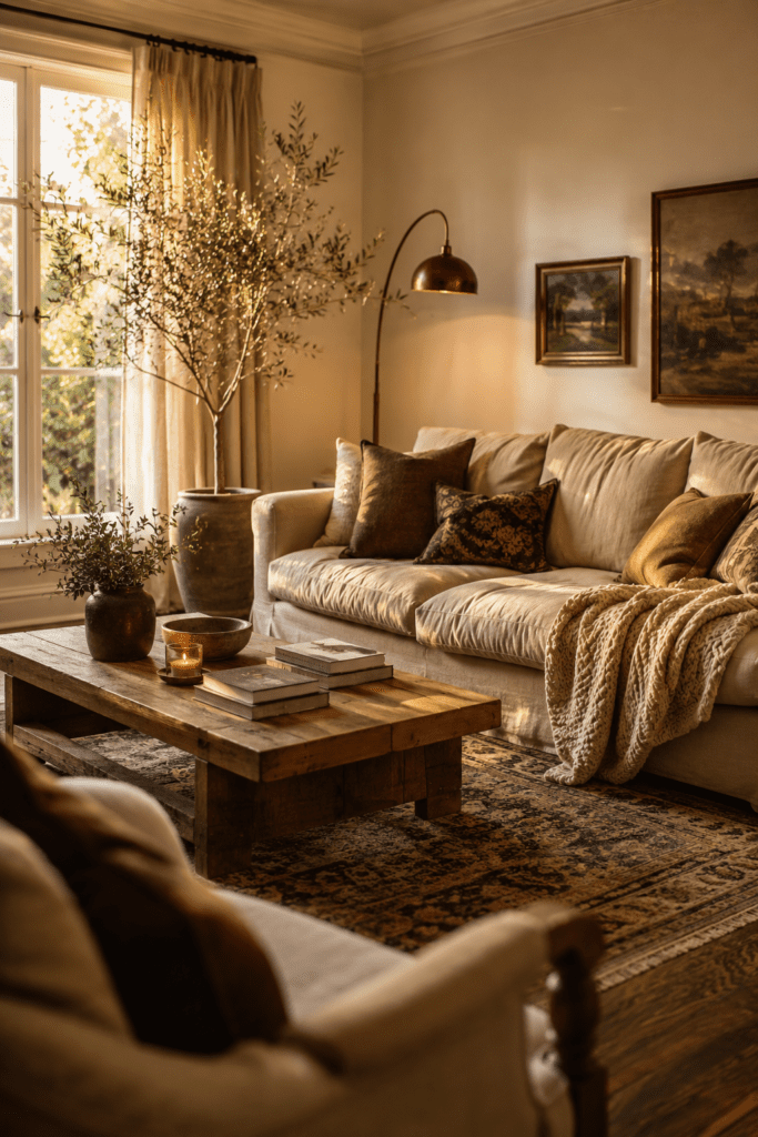 Cozy living room with beige sofa, oak coffee table, warm sunlight, and layered neutral decor.